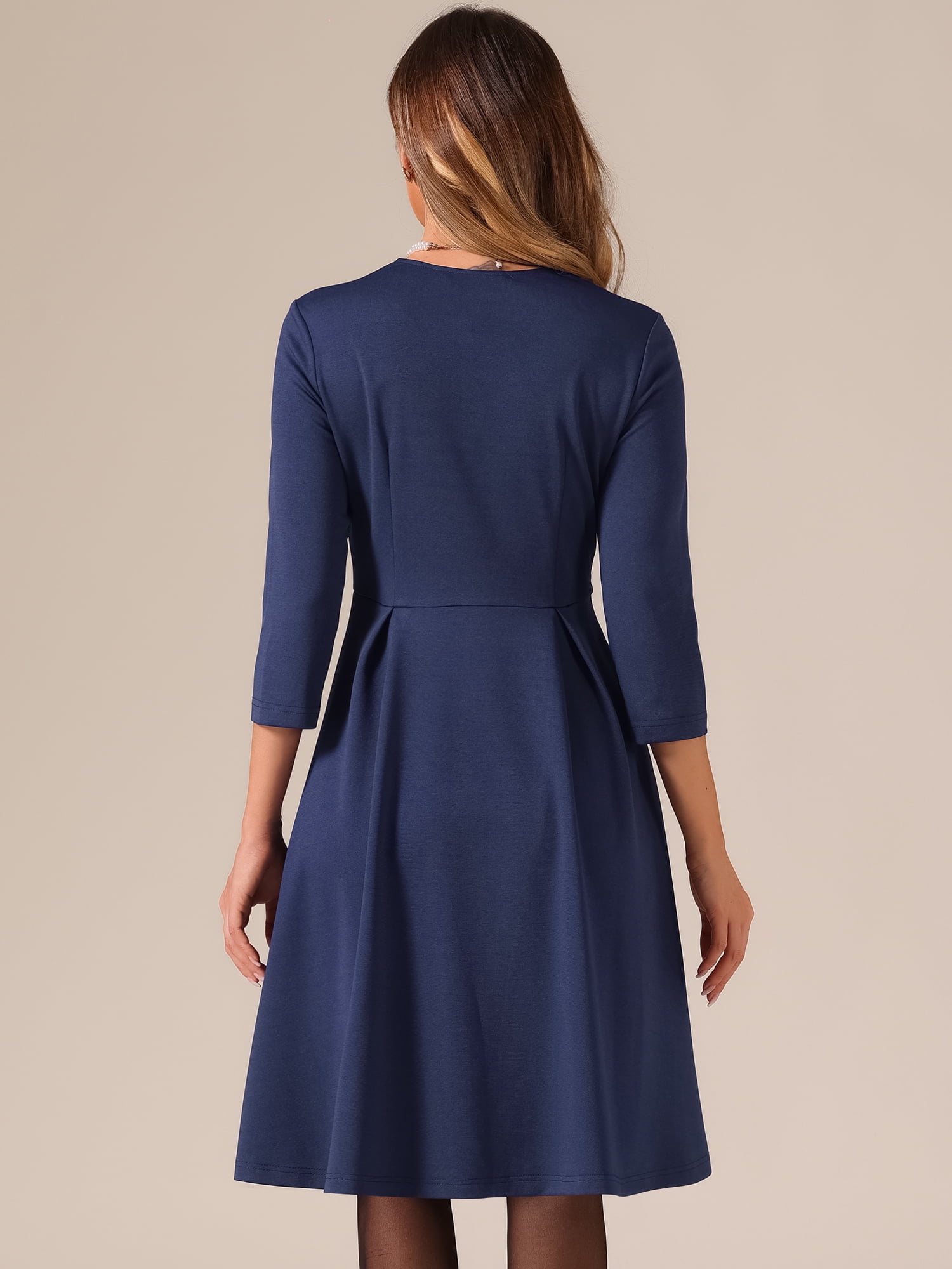 DARING DIVA Women's 3/4 Sleeve High Waist A Line Pleated Midi Dress XS Dark Blue
