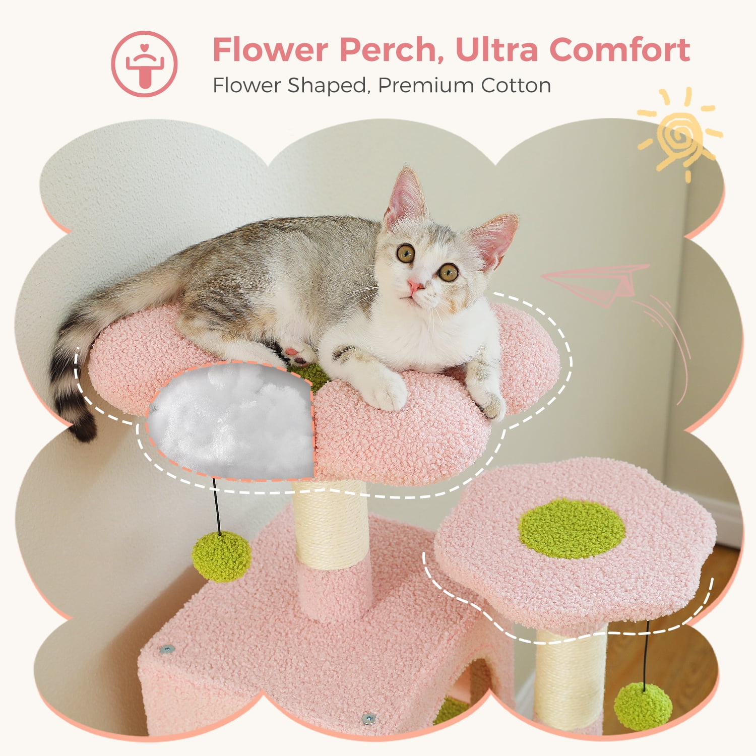 Pefilos 53" Tall Cat Tree Tower with Spacious Hammocks, Condos and Scratching Posts, Cat House with Dual Padded Perches for Indoor Large Cats, Pink