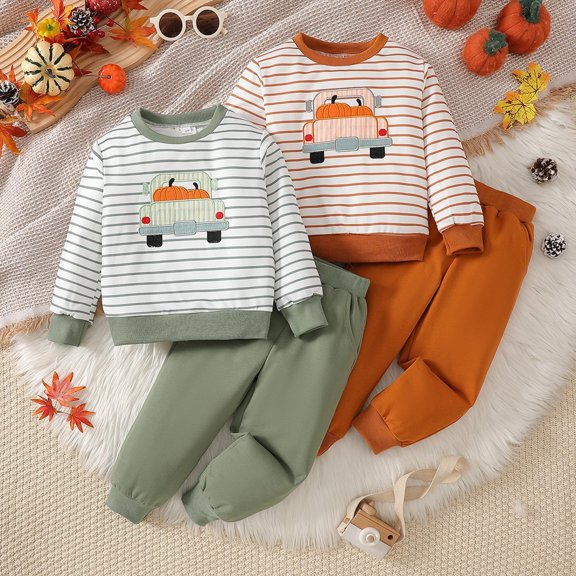 SOFTCCLO Outfit Sets for Boys Halloween Fall Winter Striped Pumpkin Long Sleeve Crewneck Sweatshirt Casual Pants 2 Piece Sets Size 2-3Y