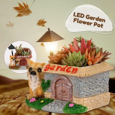 Grtxinshu Resin Cartoon Dog Fleshy Flower Pot Cactus Succulent Plant Pot Basket With Led Light For Home Outdoor Decor Gardening