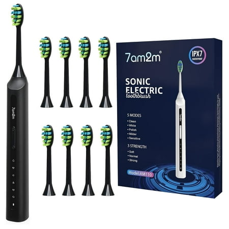 7AM2M Sonic Electric Toothbrush, High Power Rechargeable Toothbrushes, with 8 Brush Heads for Adults and Kids, 15 Adjustable Modes, Built-in 2-Minute Smart Timer, 4 Hours Fast Charge, Black