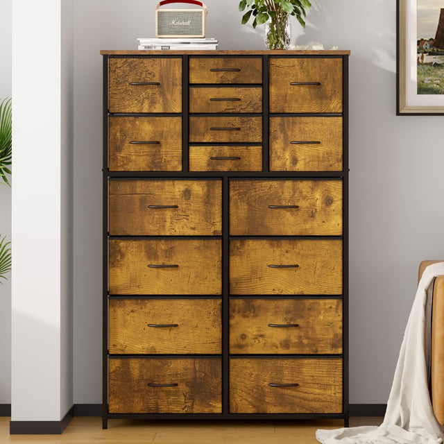 SogesPower Storage Drawers,Fabric Drawer Dresser with 16 Drawers, Dressers & Chests of Drawers for Closets, Bedroom, Hallway,37.4*11.8*56.5inch,Retro
