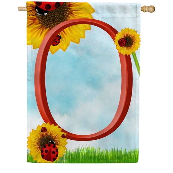 America Forever Summer Sunflower Ladybugs Monogram House Flag Letter O 28 x 40 inches Yellow Floral Spring Double Sided Vertical Outdoor Yard Lawn Decorative Yellow Hello Sunshine House Flag