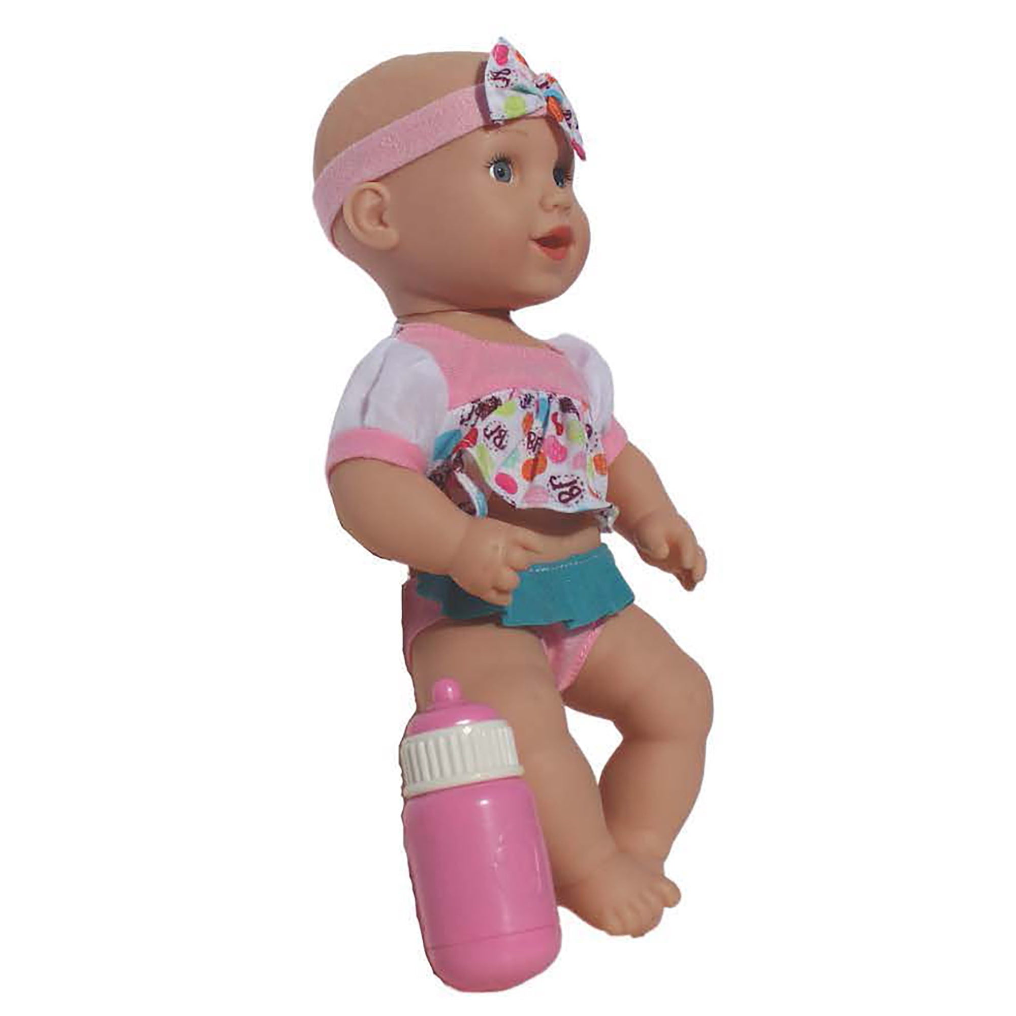 Goldberger Baby's First 13" Soft Body Talking Baby Doll with Bottle Baby White Top. A Realistic and Lightweight Soft Body Baby Doll for children 2 year & Up.
