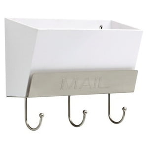 

085-03-2724 Mail Holder w/ 3 Key Hooks Rail White & Satin Nickel