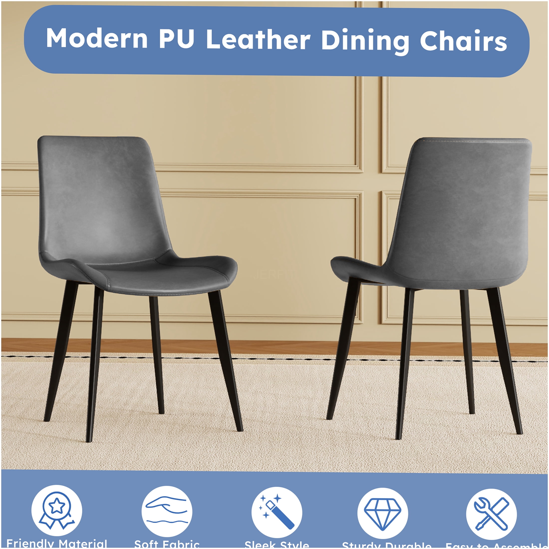JERFIT Modern Dining Chairs Set of 4, Gray PU Leather Upholstered Kitchen Chairs with Sturdy Metal Frame for Dining Room