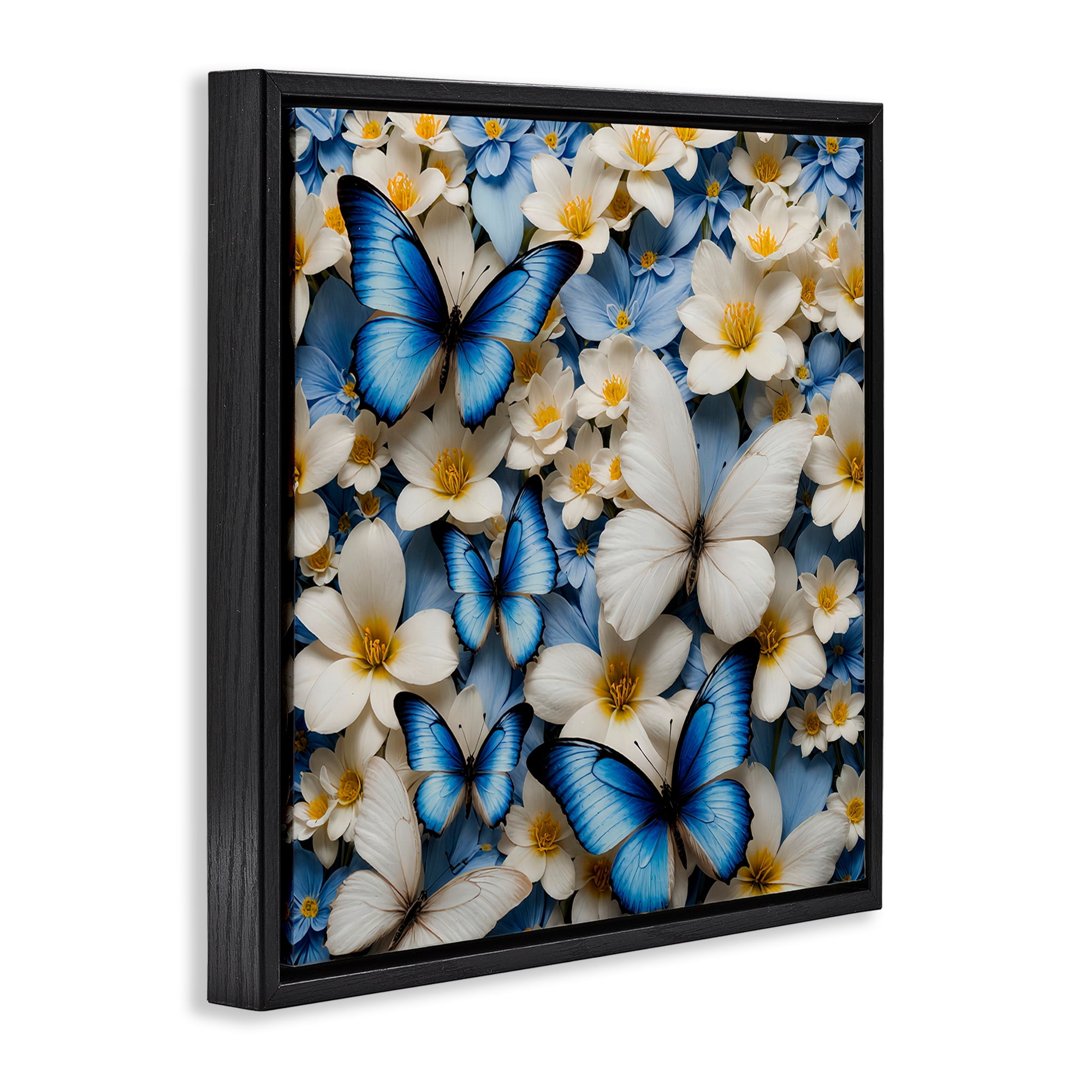 Stupell Industries Blue & White Floral Butterflies Plants & Flowers Painting Black Floater Framed Canvas Art Print Wall Art, 18 x 18