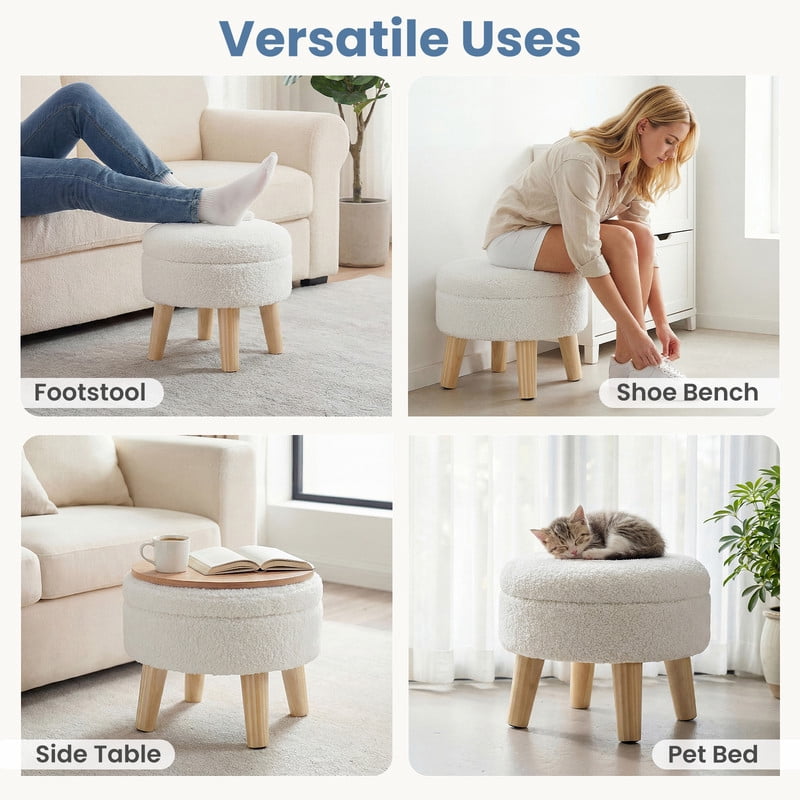 Gianna Round Ottoman with Storage, Boucle Footstool with Hidden Storage