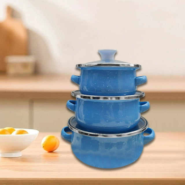 Elodie 3 Pieces Enamel Mini Pot Set Gifts Deep Double Handle Home Kitchen Pots Home light blue