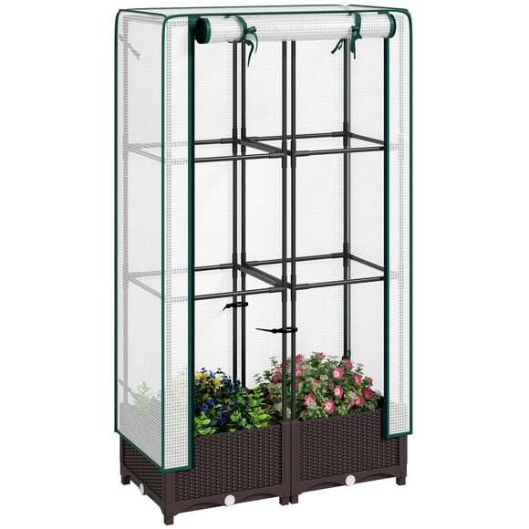 Outsunny Raised Bed with Trellis, Garden Box with PE Cover, Drainage Holes