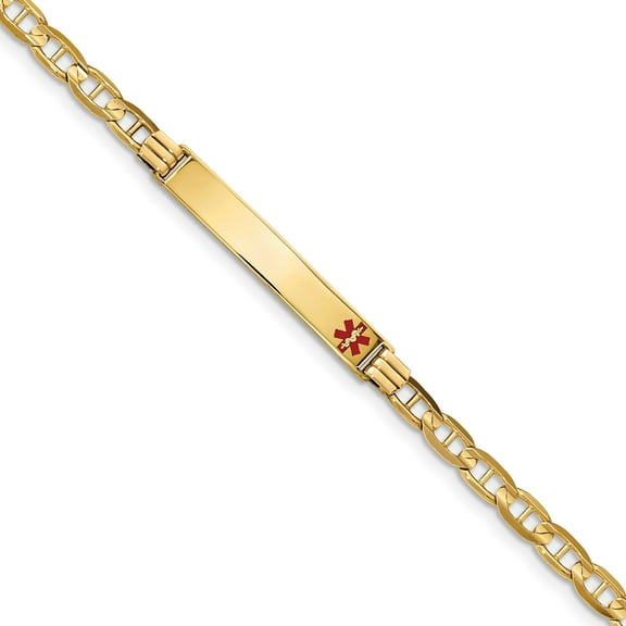 14K Medical Red Enamel Anchor ID Bracelet in 14k Yellow Gold
