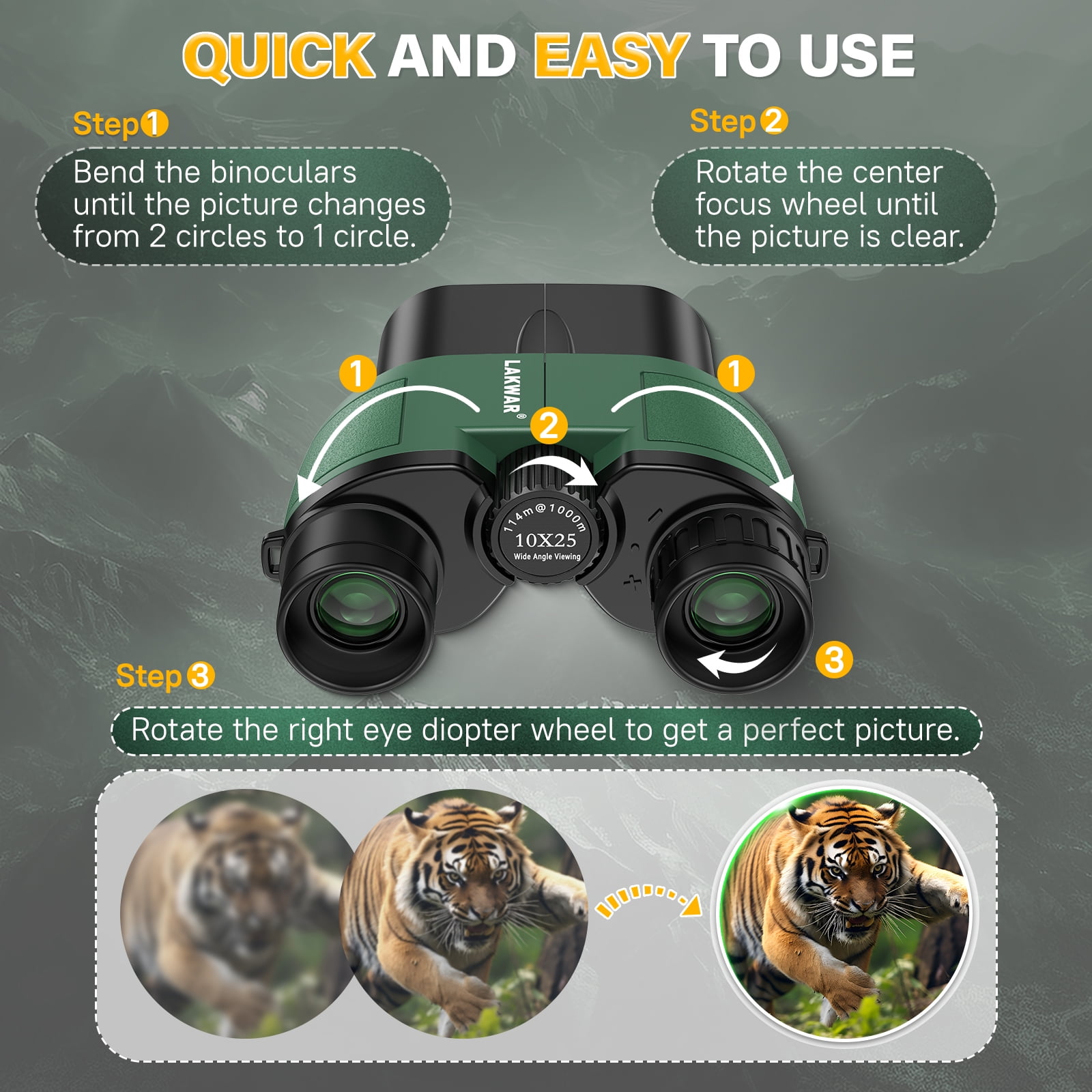 LAKWAR 10x25 Compact Binoculars for Adults and Kids，Small Portable Binoculars Lightweight for Bird Watching Hunting-Green