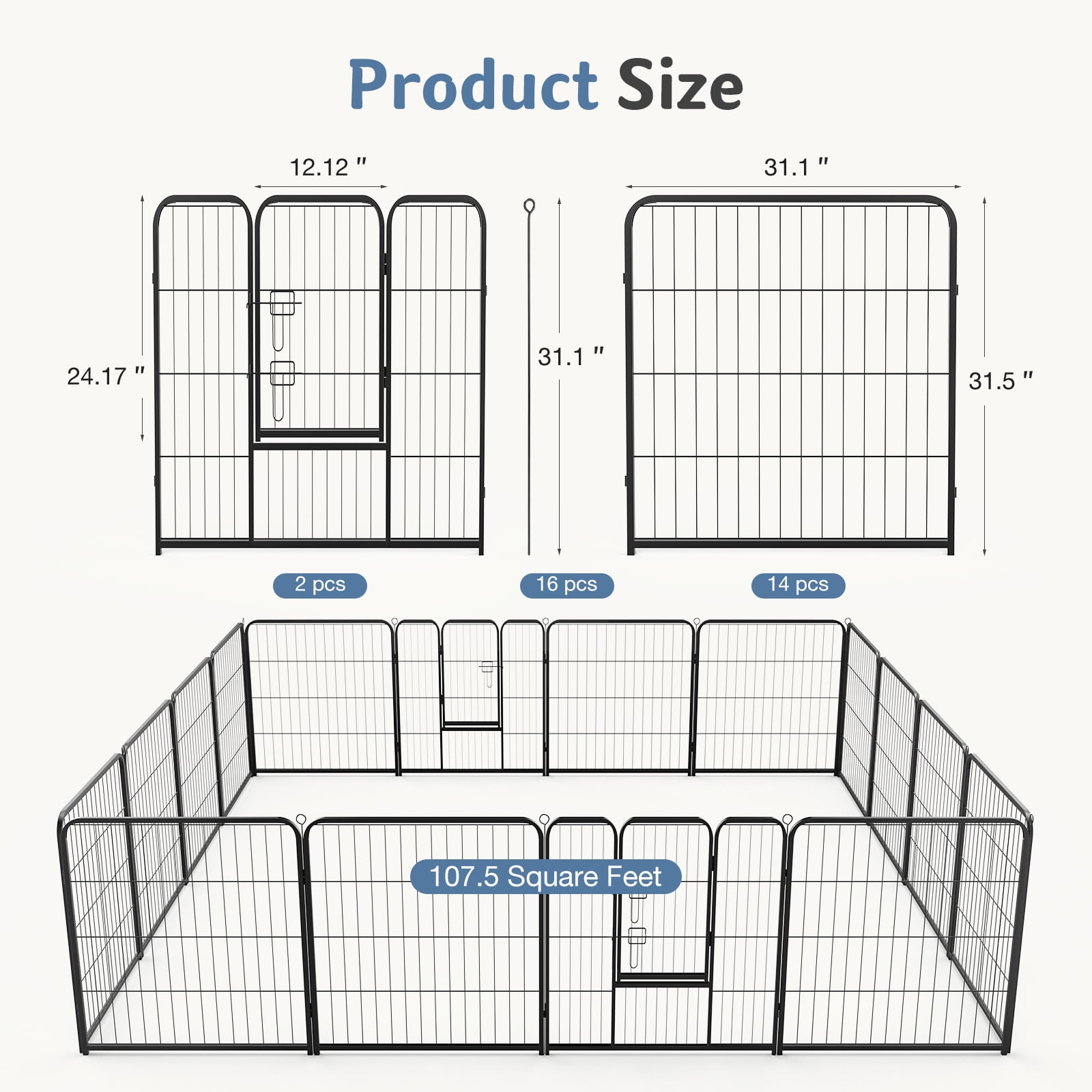 edx Dog Playpen, 16 Panels 32" Foldable Heavy Duty Metal Puppy Exercise Pen with Doors Indoor Outdoor