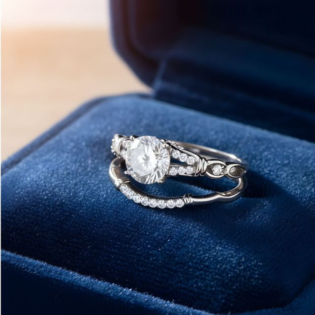 Mauli Jewels 0.75 Carat Halo Diamond Bridal Set Engagement Ring for Women, 10K White Gold 4-Prong Wedding Ring with Matching Band