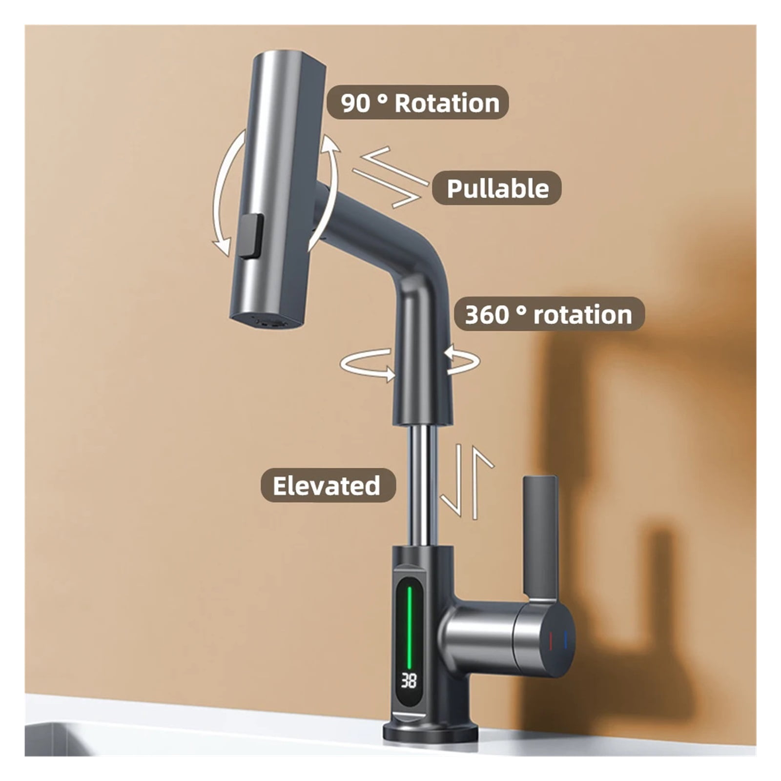 Waterfall Basin Faucet Pull-Out Kitchen & Bathroom Faucet, Rainfall Temperature Digital Display No Battery SUS604 Stainless Steel
