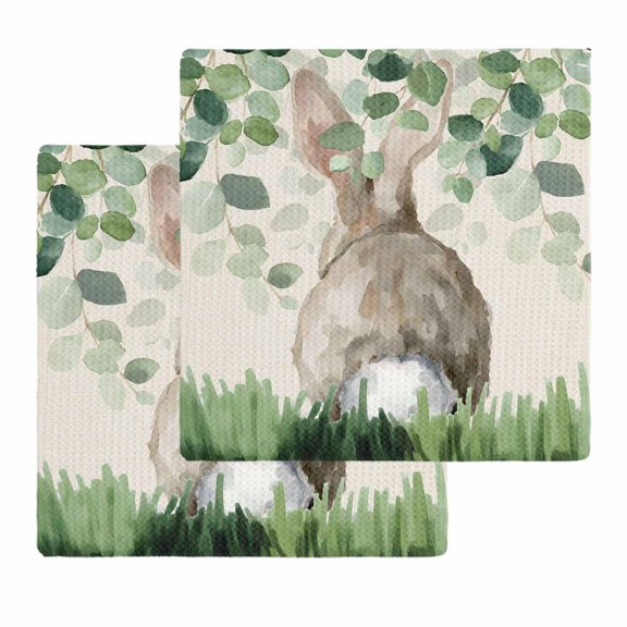Easter Kitchen Dish Towels for Drying Dishes Set of 2, Country Spring Rabbit Botanical Eucalyptus Leaves Waffle Weave Microfiber Hand Tea Bathroom Towels Quick Dry & Absorbent Towel 12x12