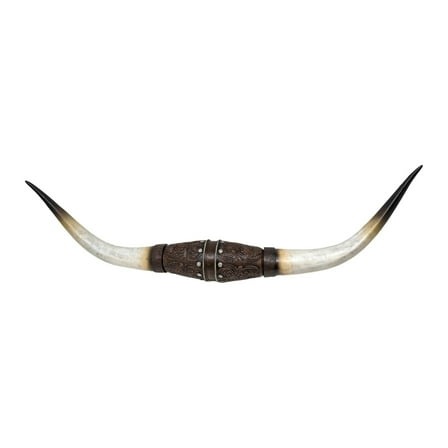 Faux Bull Longhorn Skull Wall Decor – Resin Sculpture with Tooled Leather-Style Floral Design – Rustic Steer Horns Wall Art for Western, Southwestern,  Decor – Great Gift Idea