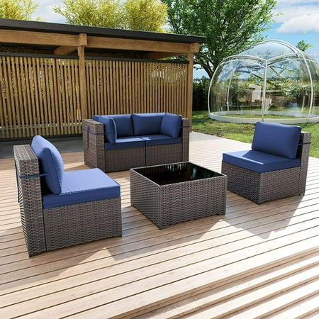 Gotland Outdoor Patio Furniture Set 5 Pieces Sectional Rattan Sofa Set PE Rattan Wicker Patio Conversation Set with Seat Cushions and Tempered Glass Table Navy Blue