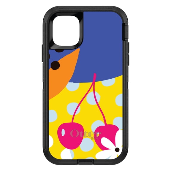 DistinctInk OtterBox Defender Custom Case for Apple iPhone 15 (6.1" Screen) - Summer Vibes Bold Flower Chery Pink Yellow - Tempered Glass Back
