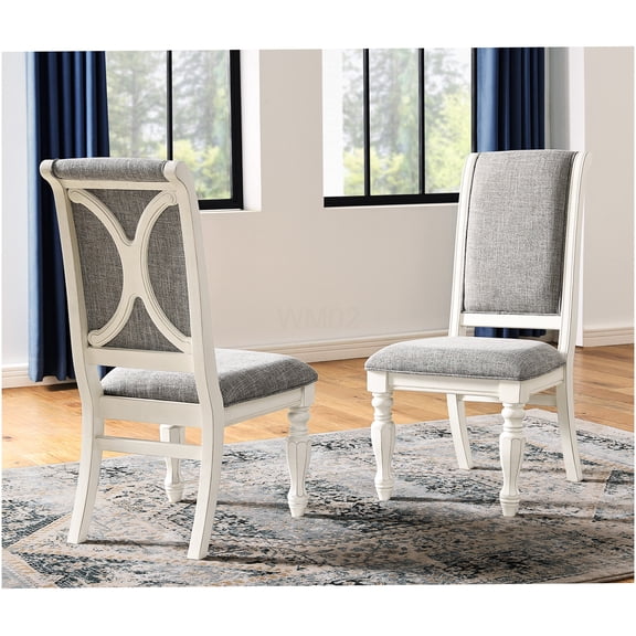 Antique White French Country Dining Chairs Set of 2, Gray Upholstered Solid Wood Side Chairs with High Back