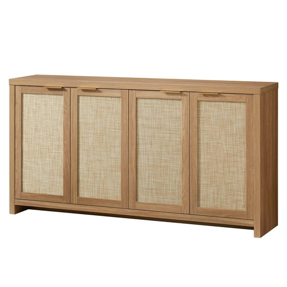 OAKHAM 4-Door Sideboard Buffet,Rattan Storage Cabinet with Adjustable Shelves,Weathered Oak