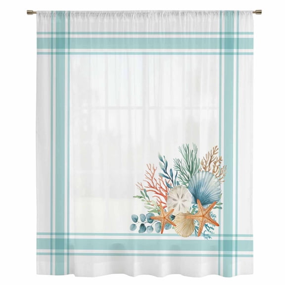 Aqua Coastal Sheer Curtains 63 Inches Long, Nautical Seashells Coral Leaves Stripes Light Filering Curtains, Breathable Simi Curtain Privacy Drapes for Living Room Bedroom Window Treatment
