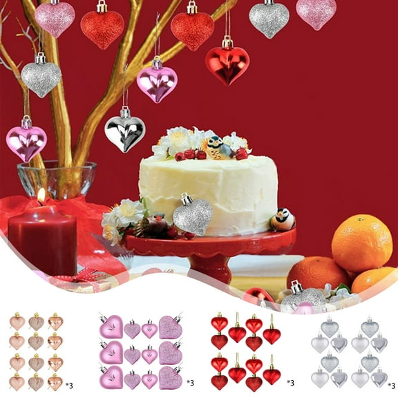 KOYPTL 36 Pcs Heart Ornaments Valentines Day Decorations for Home Decor Shatterproof Glitter Ball Hanging Ornament for Christmas Tree Mother's Day Wedding Anniversary Party Decor Pink