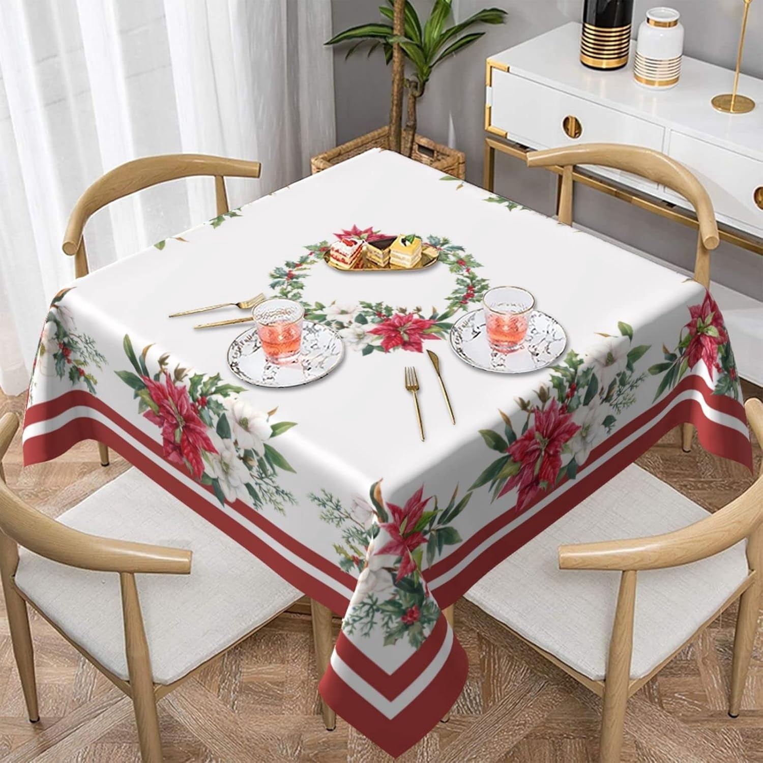 Poinsettia Christmas Round Tablecloth Square 60x60 Inch, White and Red Christmas Tablecloths Stain Resistance Polyester Winter Table Cloth for Holiday Parties Kitchen Dining Indoor Outdoor