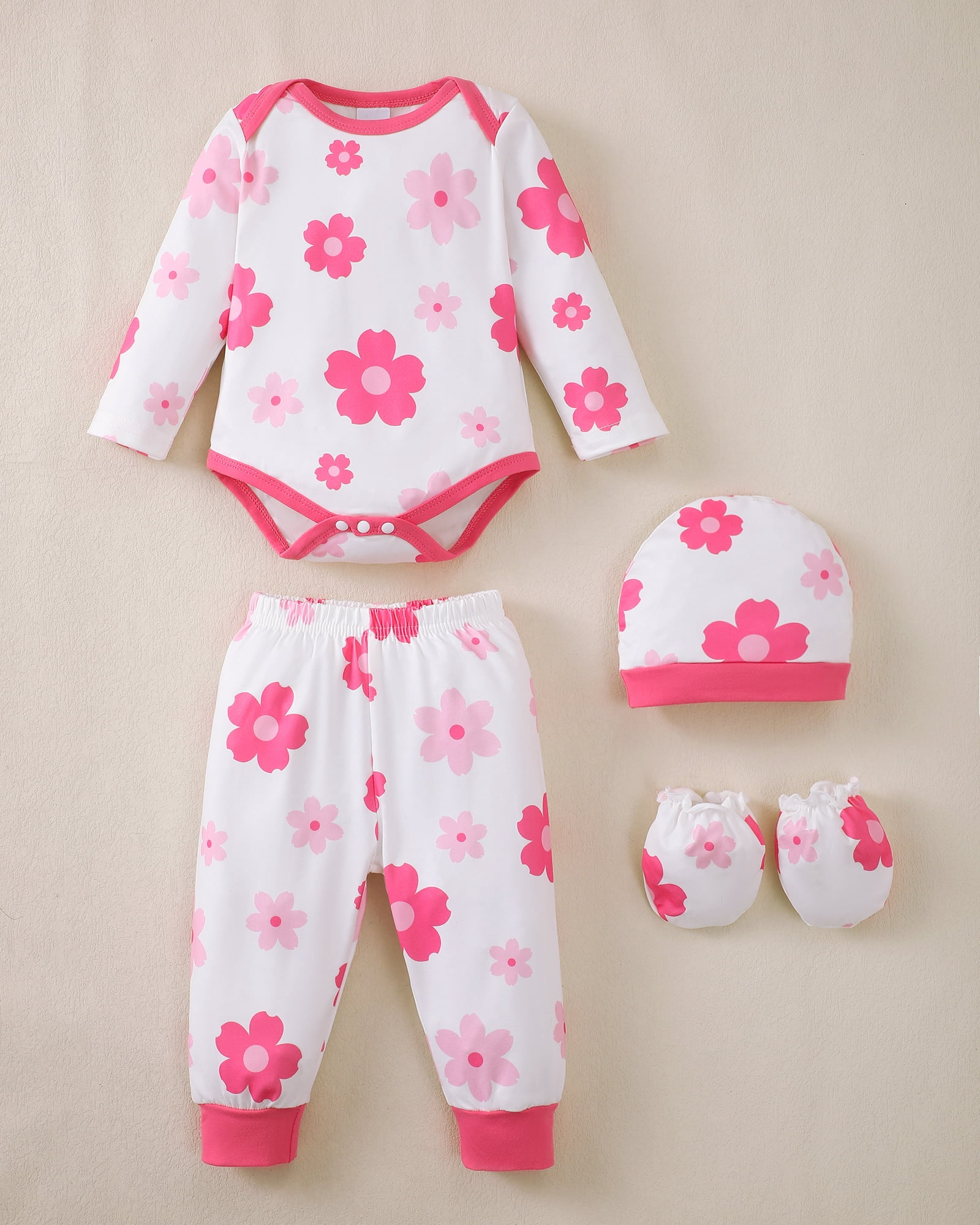 KIMI BEAR Newborn Baby Girls Layette Set 4 Packs 0-3 Months Winter Clothes Outfits Long Sleeves Romper Top Pants Gloves Hats 16 Piece Essentials Accessories Clothing Gift Sets Pink