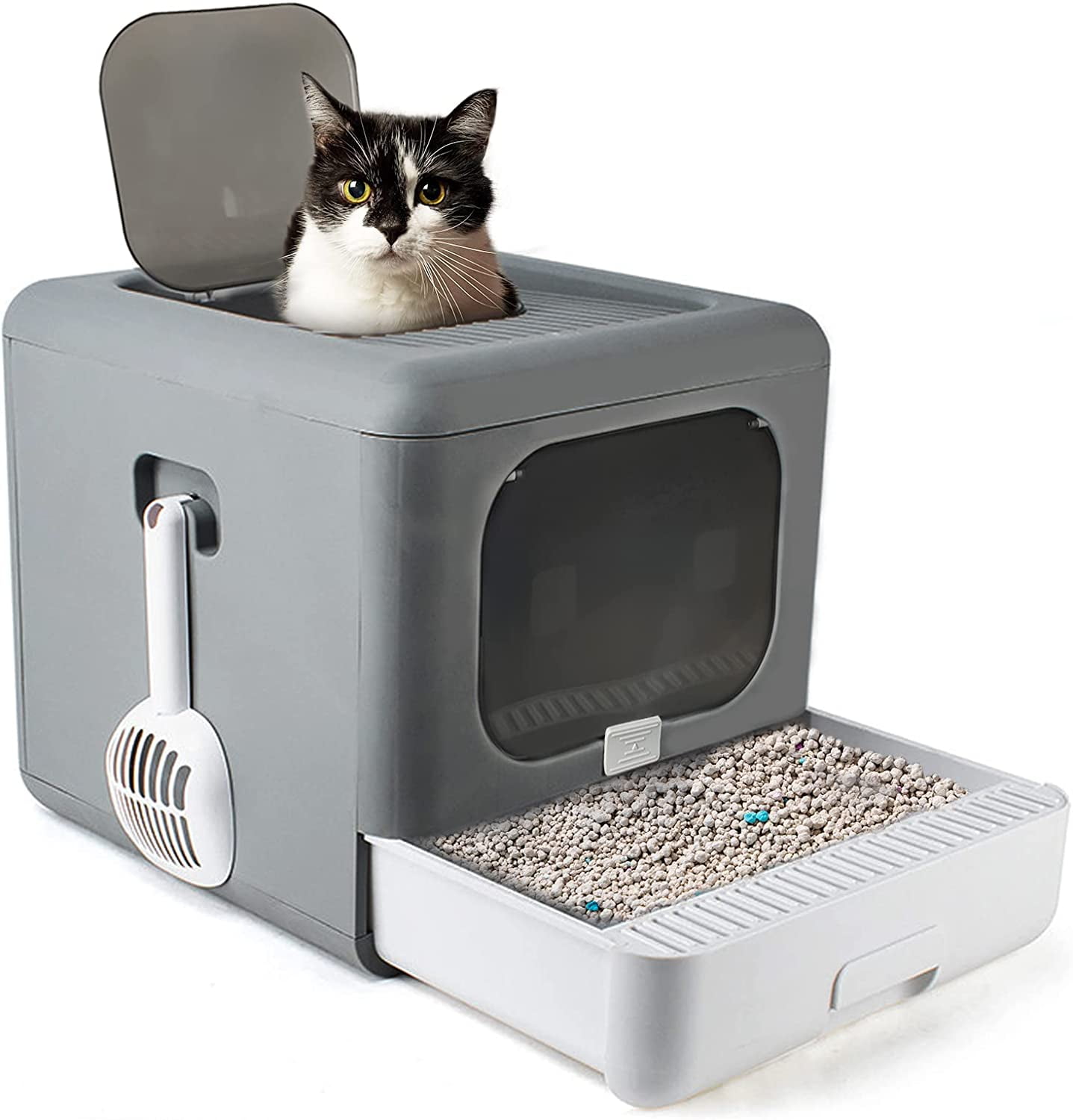 Hamiledyi Foldable Cat Litter Box with Lid, Enclosed Drawer Kitty