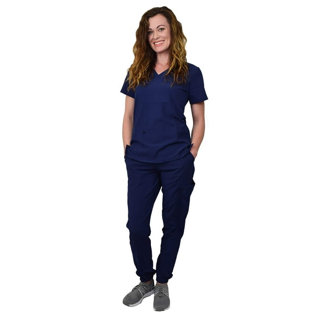 Womens Medical Nursing Jogger Scrub Set gT 4FLEX Top and Pant-Navy-Large