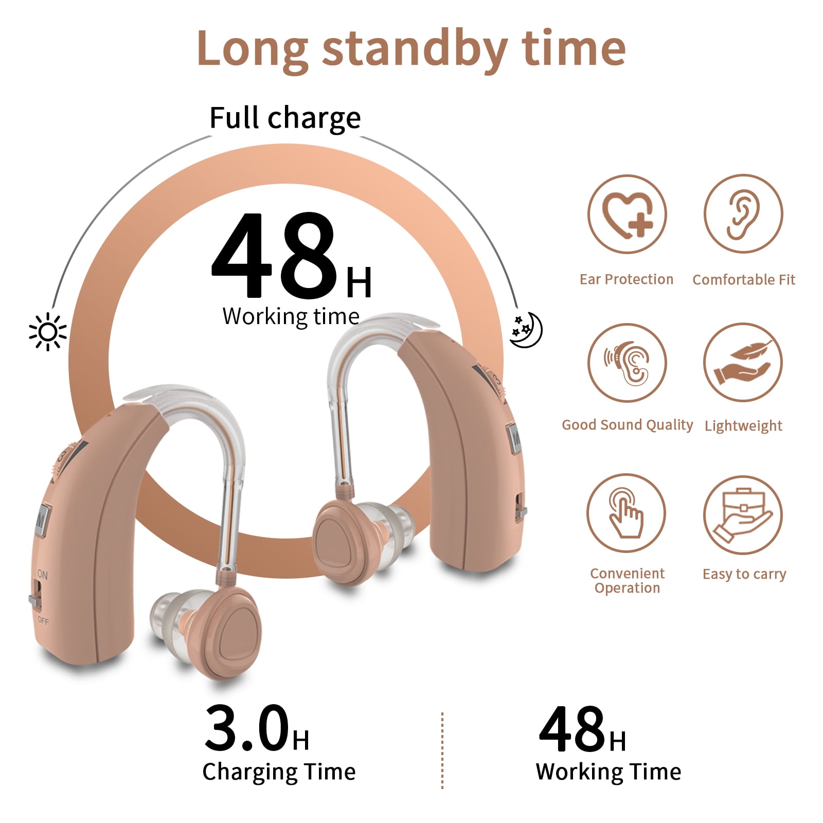 Delmicure Digital Hearing Aids for Seniors, Rechargeable, Pair, VHP-1303, Beige