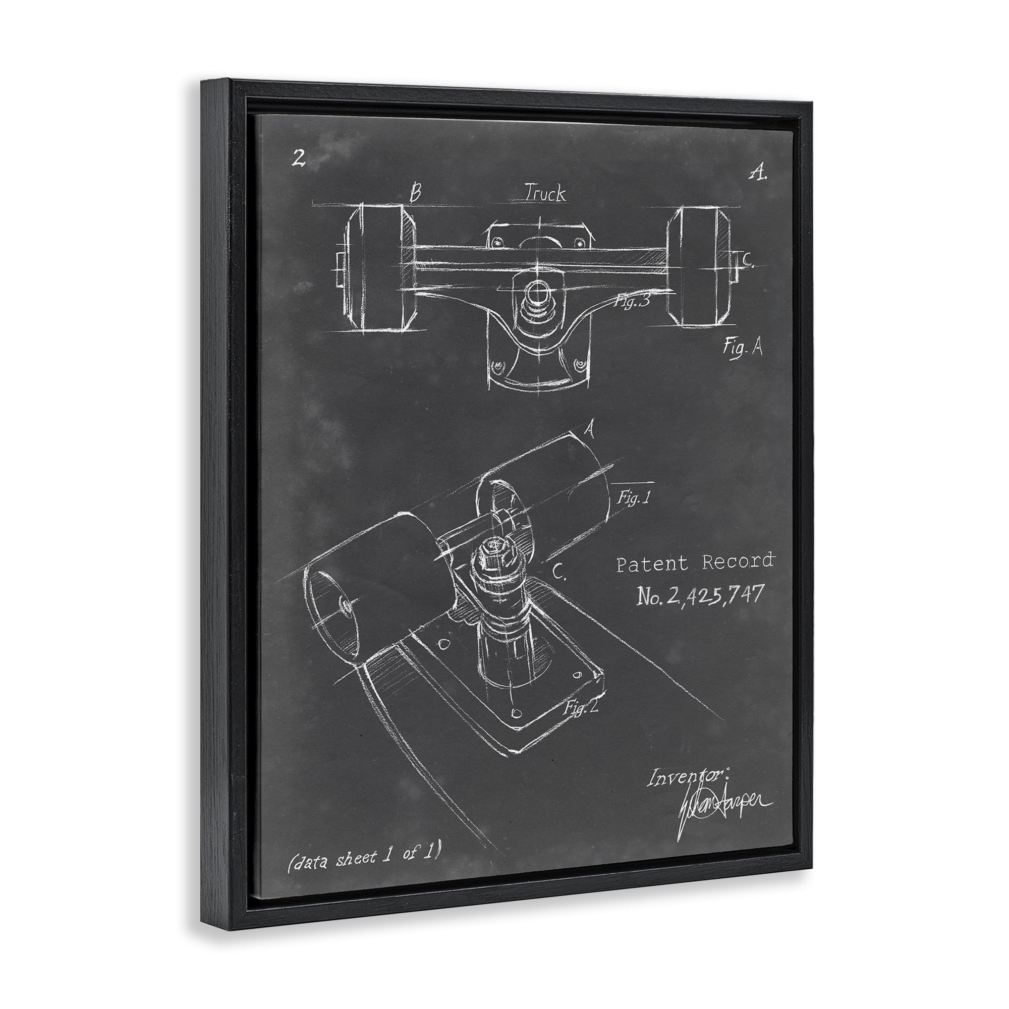 Stupell Industries Skateboard Truck Blueprint Sports Painting Black Floater Framed Art Print Wall Art, 17 x 21