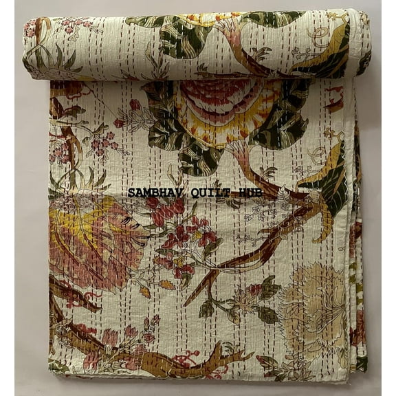 Hand Block Floral Print Handmade Cotton Block Kantha Quilting Boho Bedding Throw Blanket Hippie Bohemian Floral Kantha Quilt