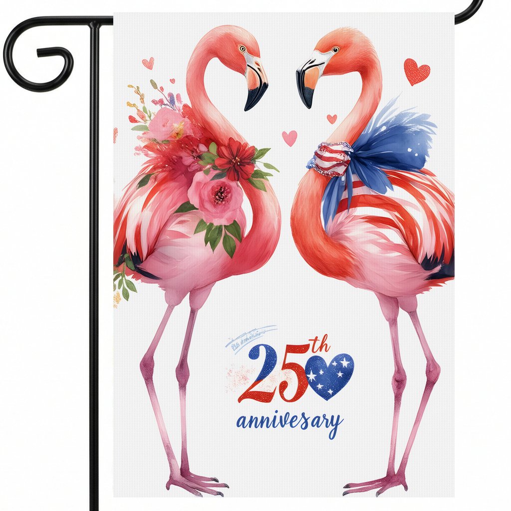 4th of July Garden Flag 25th Anniversary with Large 28x40 Inch Banner for Fourth of July Decorations and Pink Flamingos