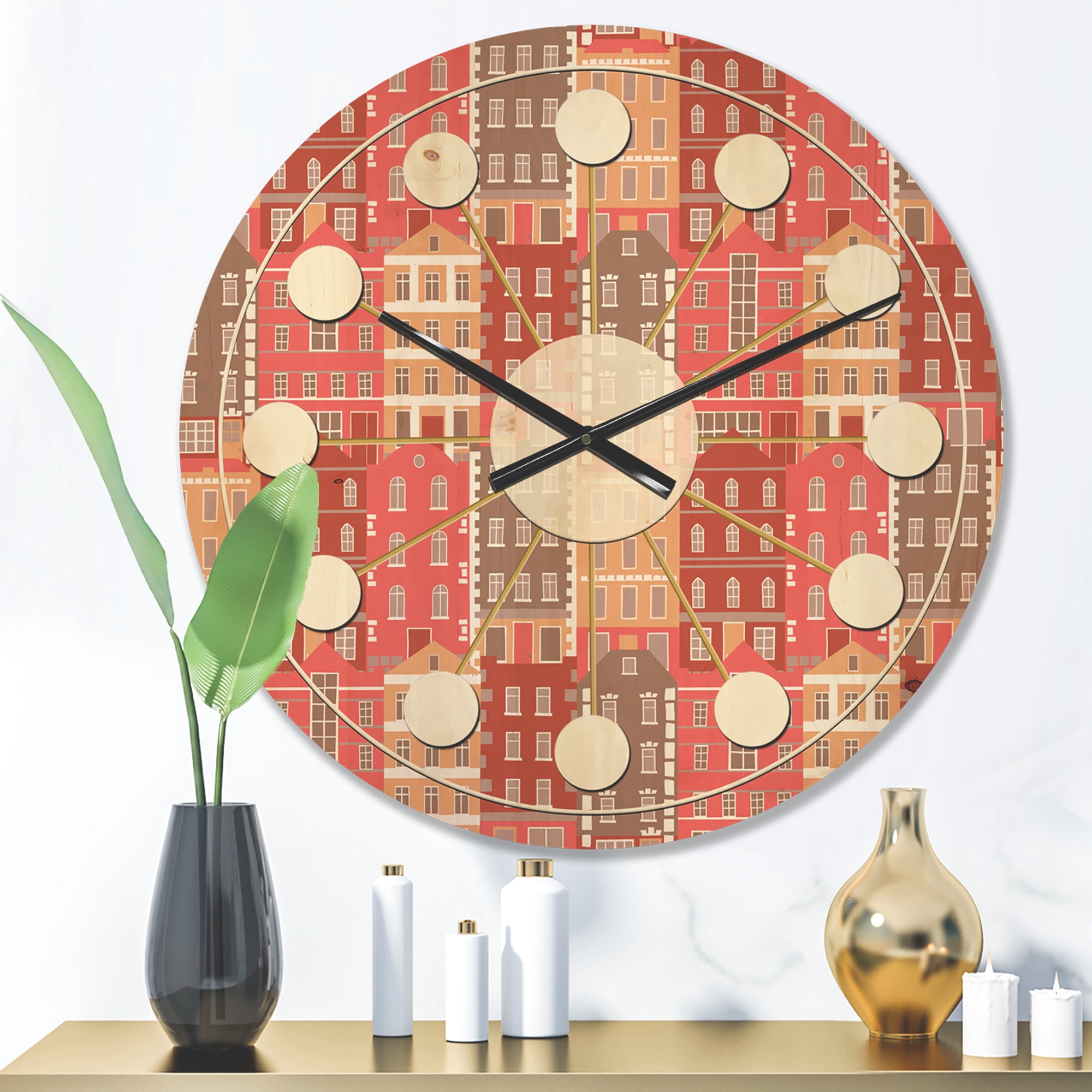 Designart 'Colorful Sotoies Houses' Mid-Century Modern Wood Wall Clock