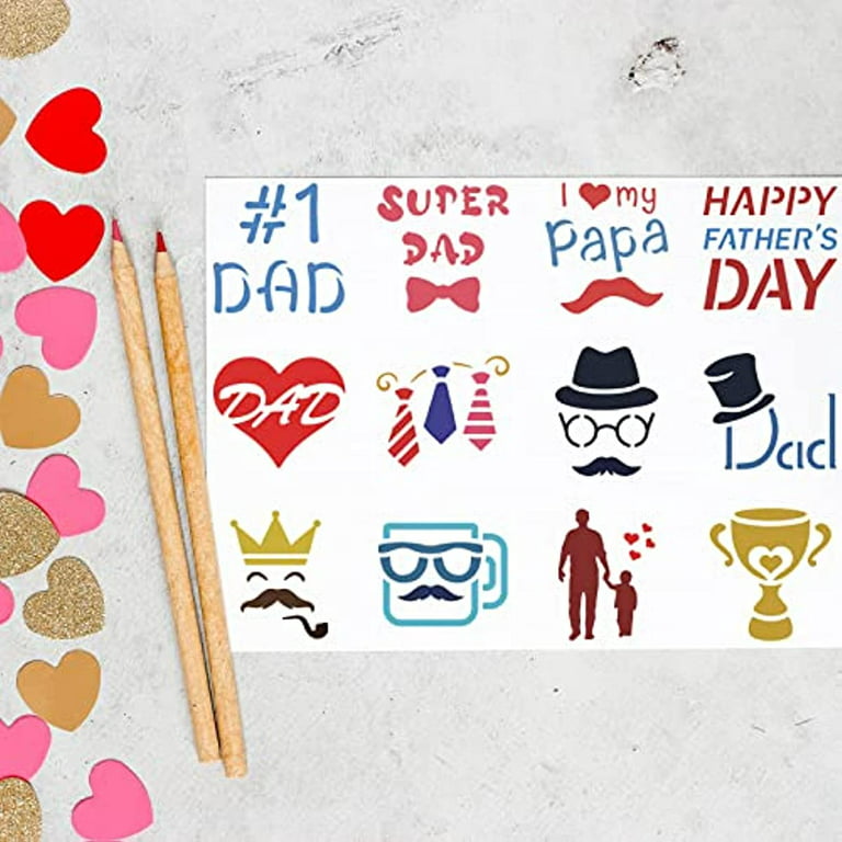 Father's Day Cookie Stencil Reusable 16 Patterns Father's Day Theme  Painting Stencil PET Beard Heart Tie Hat DIY Drawing Template Dad Papa Craft  Stencils for Home Decor 