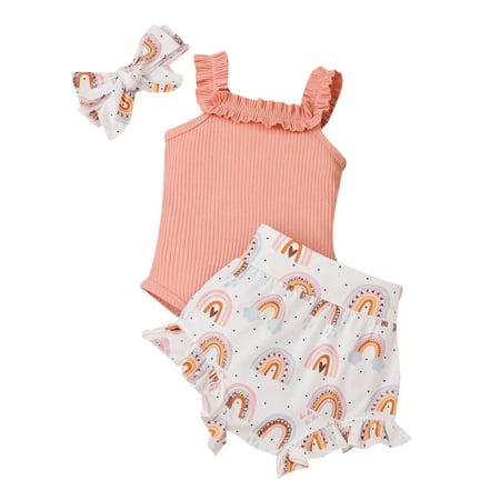 

Cute Teen Leggings Winter Clothes Teen Girls Sleeveless Ribbed Romper Bodysuit Rainbow Prints Shorts Headbands Outfits