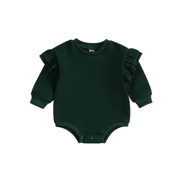 ZAXARRA Infant Baby Girl Sweatshirt Jumpsuit Solid Color Round Neck Ruffled Long Sleeve Romper Toddler Clothes