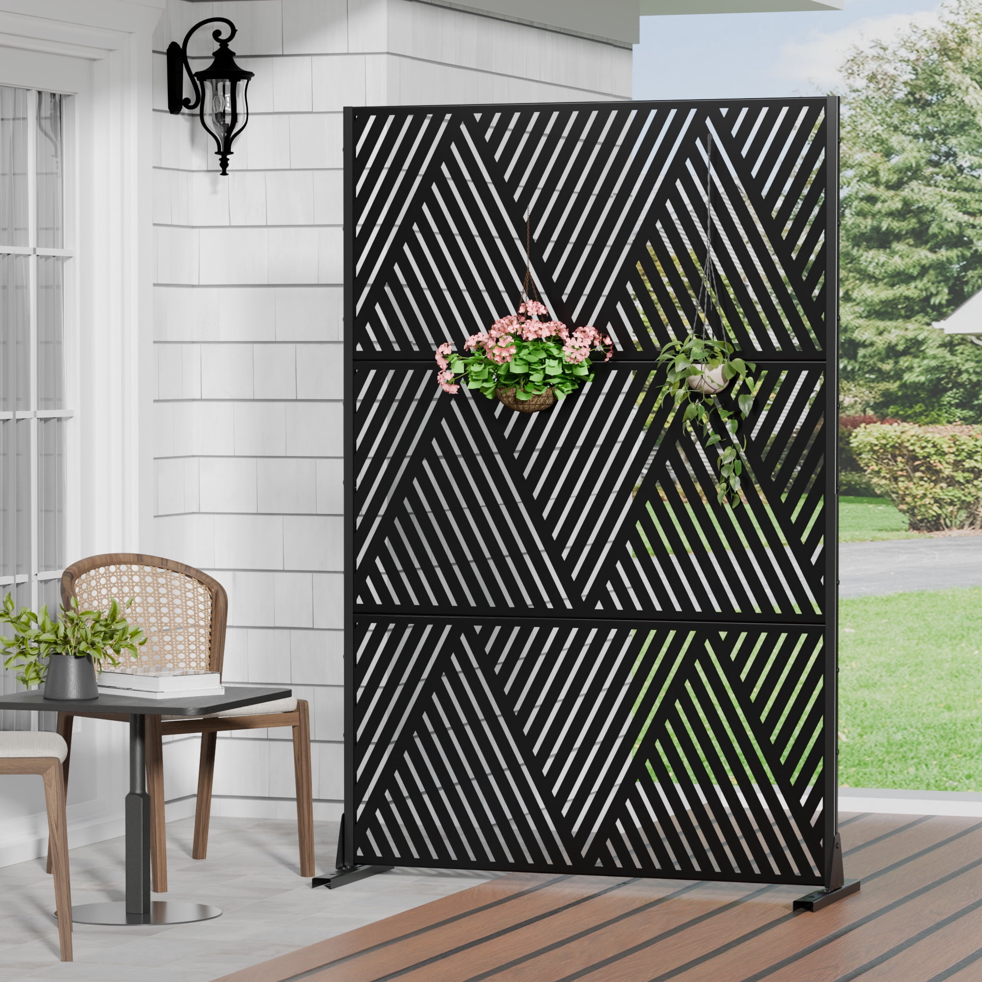 MAYEERTY 72×47" Outdoor Black Metal Privacy Panel Screen for Backyard & Garden, Triangular V-Shaped Pattern