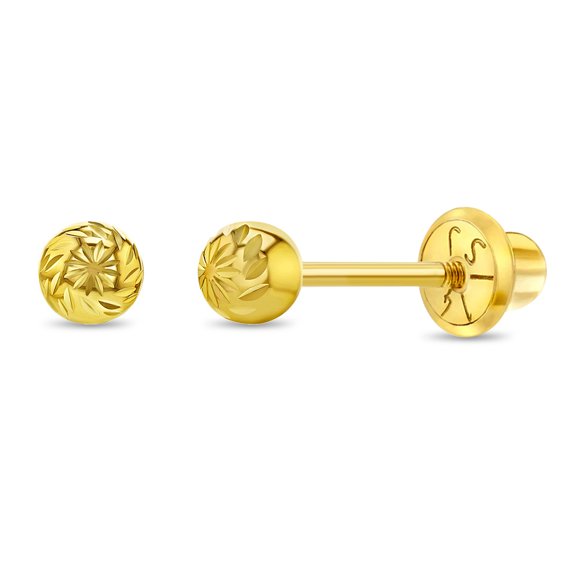 14K Yellow Gold 3mm Polish Diamond Cut Ball Screw Back Earrings for Young Girls