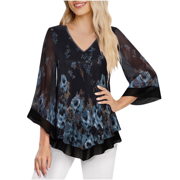 Kiplyki Christmas Womens Autumn Solid Print Double Mesh Shirt 3/4 Flared Sleeve V-NeckTunic Blouse Tops