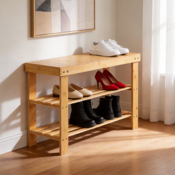 Zimtown 28''W 3 Tier Solid Bamboo Shoe Bench Storage Racks Seat Organizer for Entryway Hallway, Natural