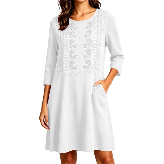 SETOOFF Women Round Neck 3/4 Sleeve Embroidered Shift Dress Loose A Line Short Dress with Side Pockets Casual Summer Beach Travel Weekend Shopping Outdoor Vacation Daily Outfits