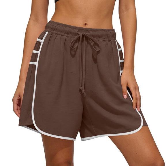 Qgtaibl Womens Drawstring Cotton Athletic Shorts Elastic High Waist Dolphin Shorts with Pockets Casual Loose Fit Lightweight Workout Shorts for Summer Running Training Gym Coffee S