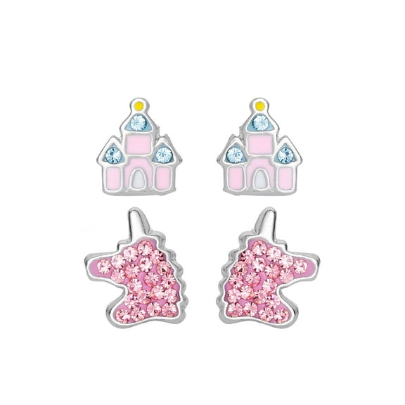 Brilliance Fine- Women's Enchanted Unicorn & Castle Sterling Silver Earring Set