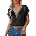 thumbnail image 2 of Camiseta con cuello en V para mujer, Camiseta con cuello en V de encaje para mujer Camiseta de manga corta para mujer Top de línea, 2 of 2