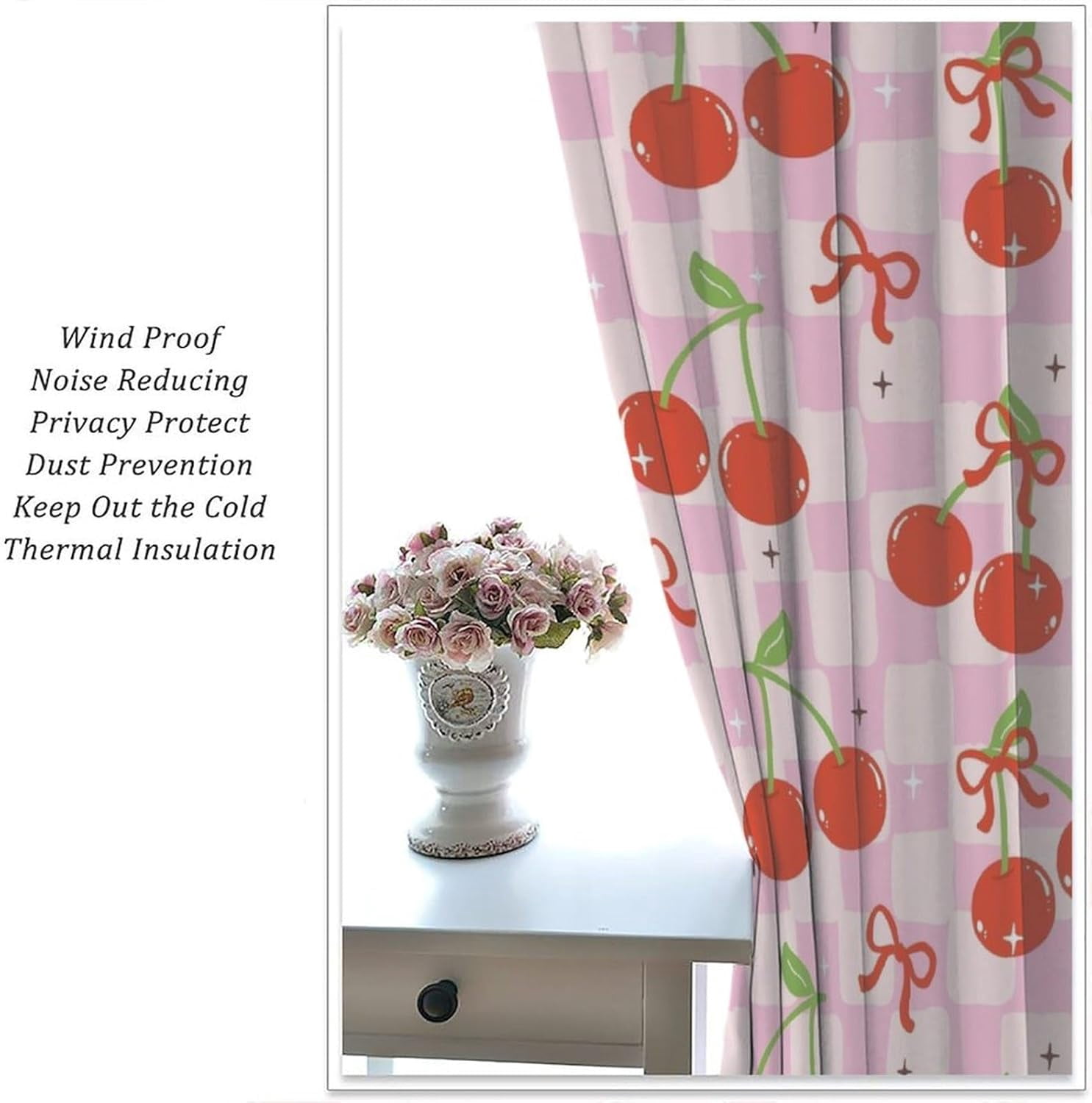 Cute Bow Curtains, Retro Pink Cherkered Cartoon Red Cherries Bows Aesthetic Modern Print Window Treatments for Kids Girls Bedroom Livingroom Bathroom, 42" W X 54" L