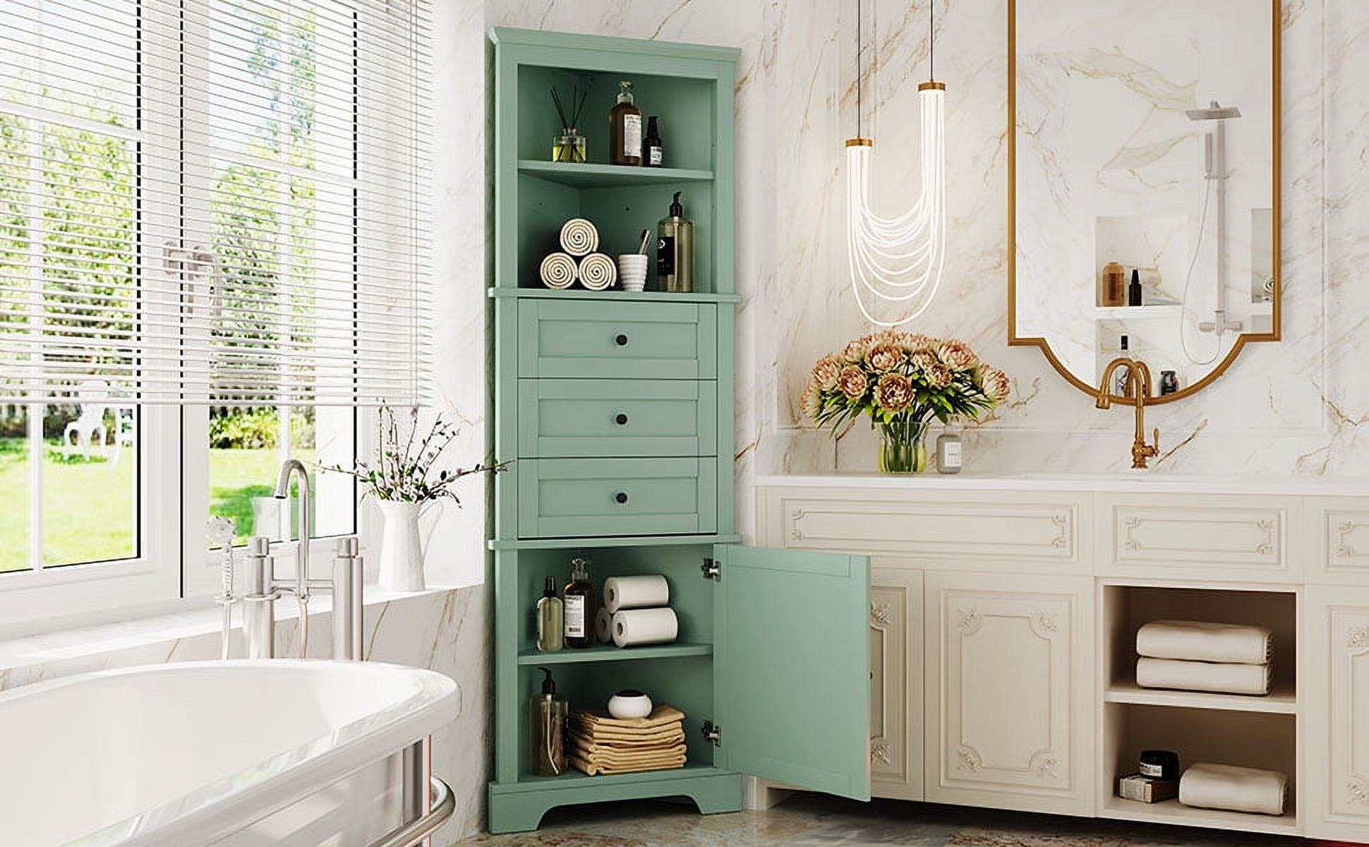 Euroco Durable Corner Cabinet with Adjustable Shelves, Heavy-Duty Metal Handles, and Safety Drawer Stoppers – Stylish, Space-Saving Storage Solution for Bathrooms, Kitchens, and More