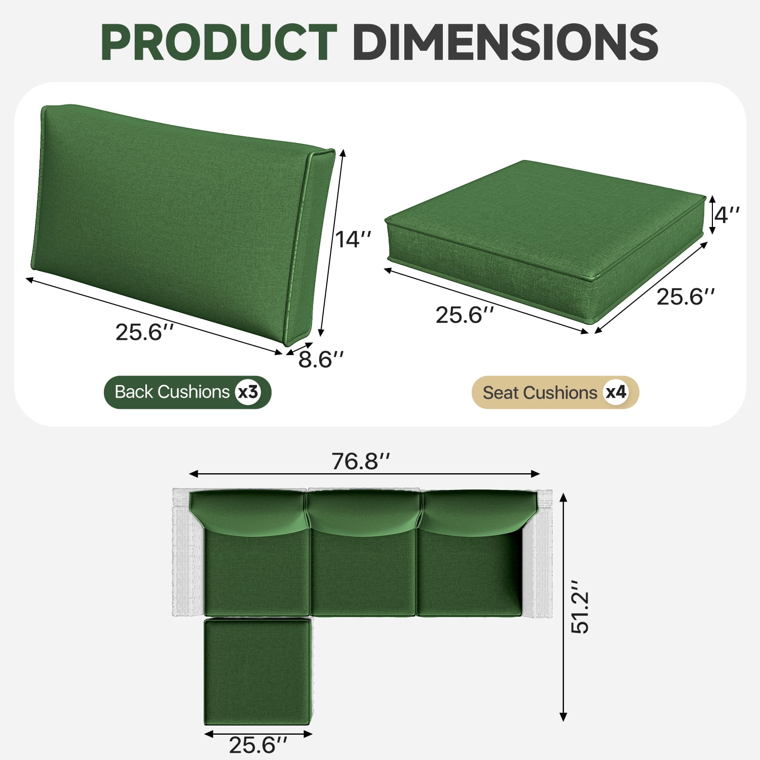 BaPiPro 4-Person Dark Green Outdoor Sectional Sofa Cushions, Waterproof Polyester Patio Cushions with High-Density Sponge, No Assembly Required, for Backyard, Balcony, Deck, Poolside